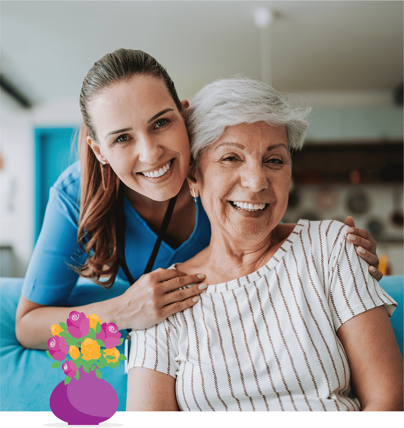 A cheerful elderly woman sitting on a couch, smiling alongside a younger female caregiver, with an illustrated bouquet of flowers overlayed in the foreground.